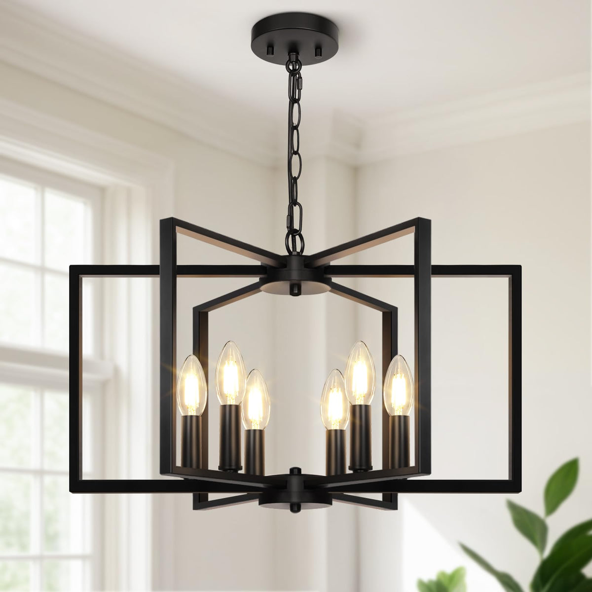 Seaside village Black Farmhouse Chandelier with six geometric frames above dining table