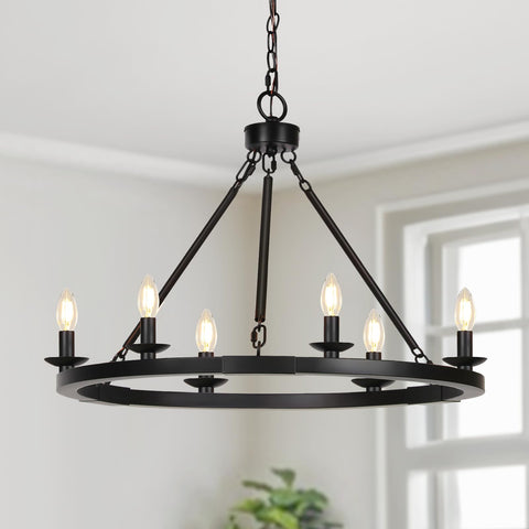 Seaside Village Black Farmhouse Chandelier with wagon wheel for warm dining room ambiance.