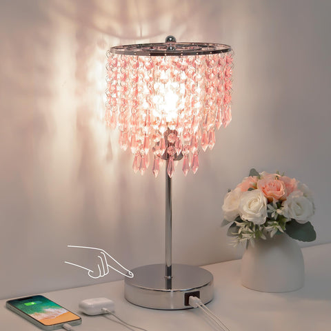 Seaside Village Crystal pink shade table lamp casting romantic bedroom shadows