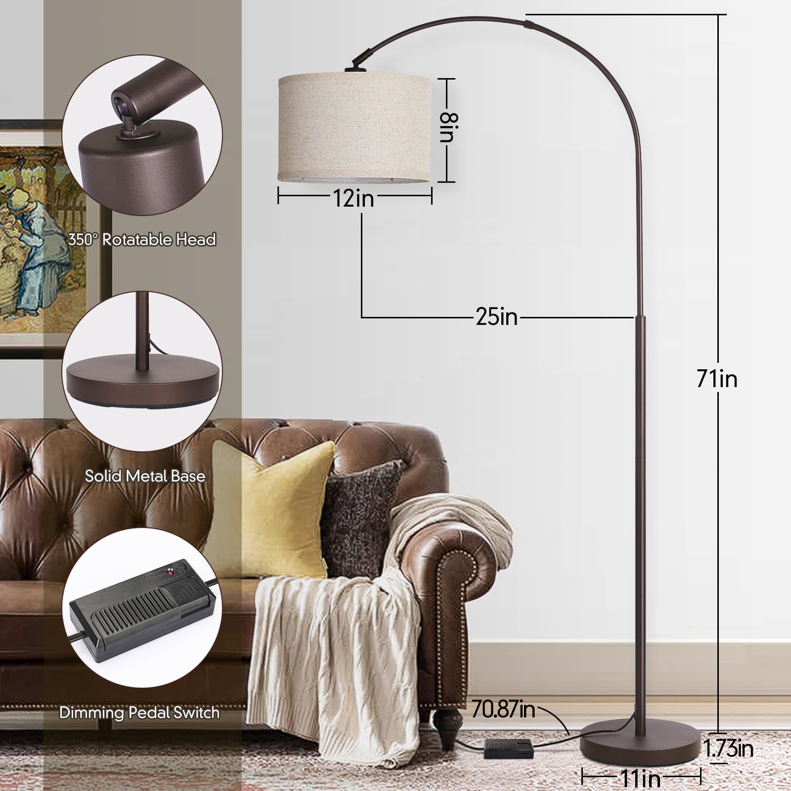 Seaside Village arc lamp arm rotation for precise task lighting.