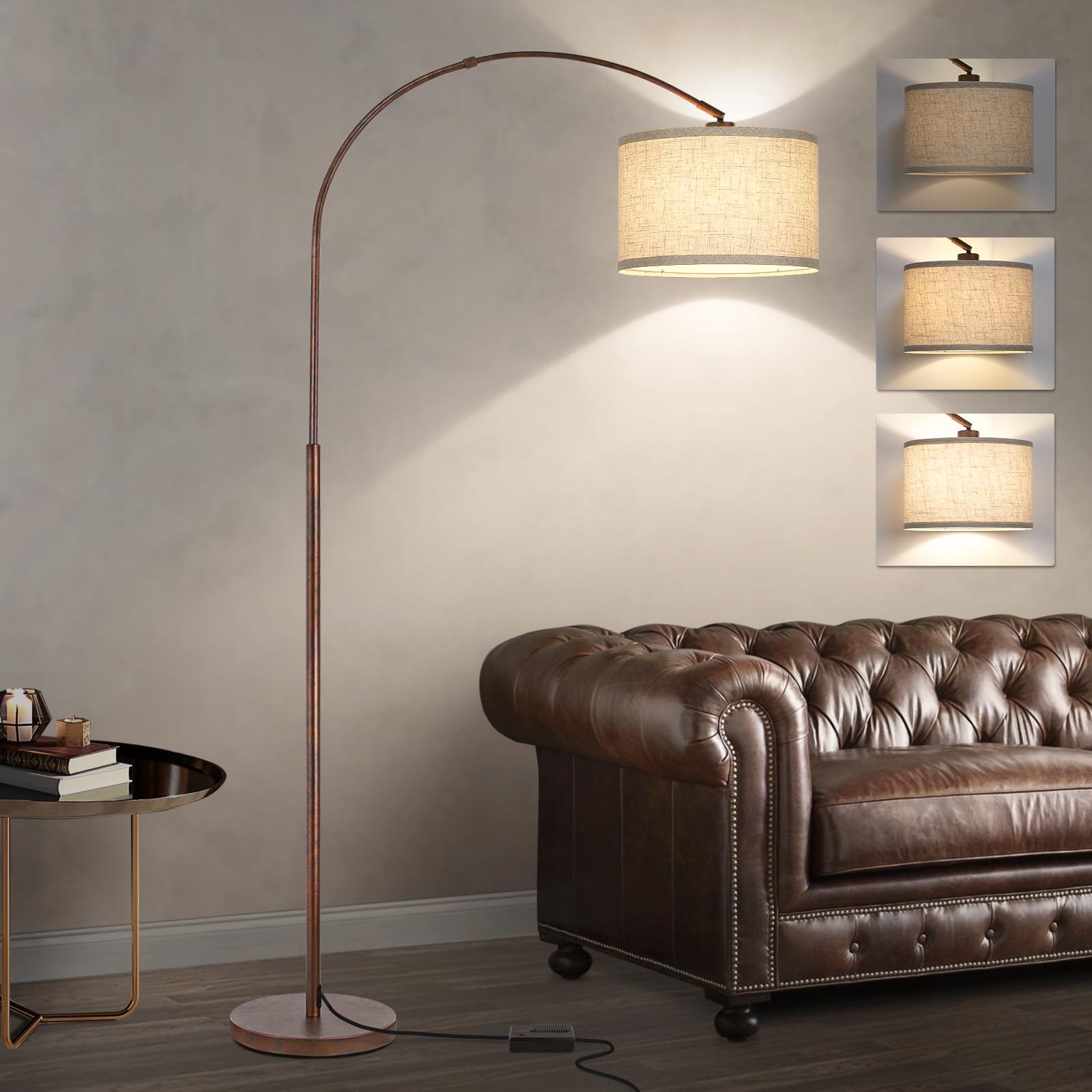 Seaside village dimmable arc floor lamp base provides stable support for long sofa areas.