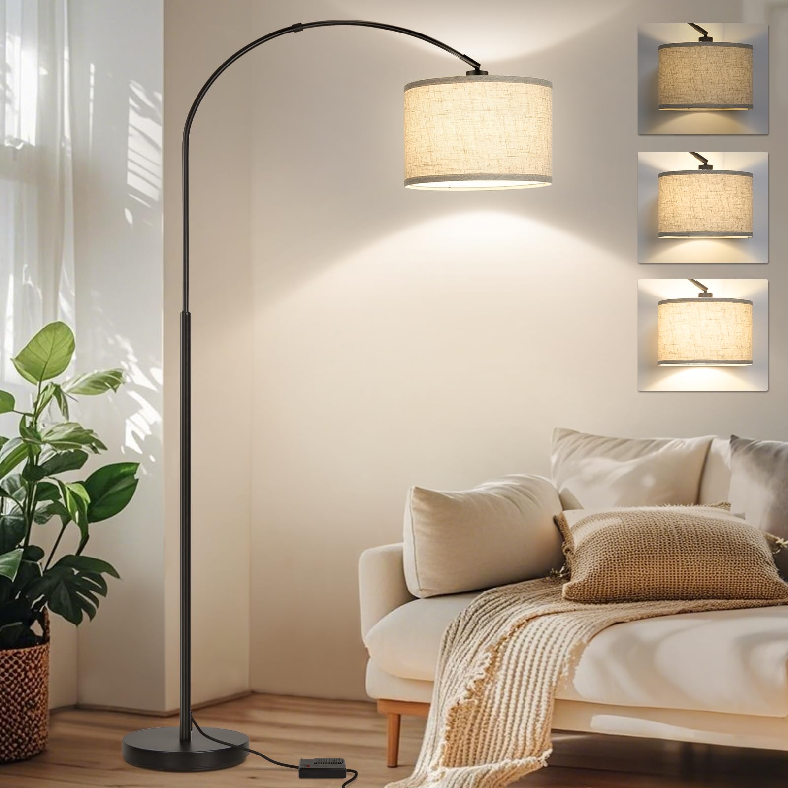Seaside Village dimmable arc floor lamp with black shade over seating area