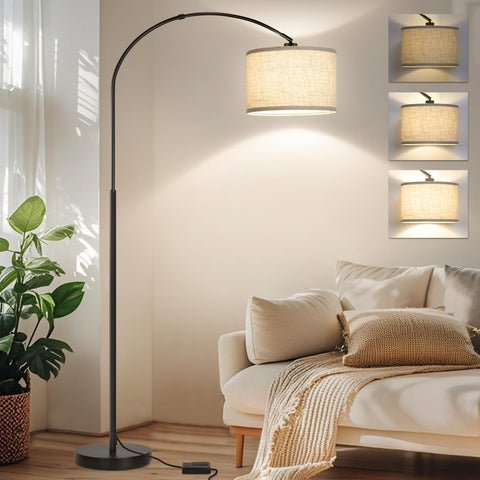 Seaside Village dimmable arc floor lamp with black shade over seating area