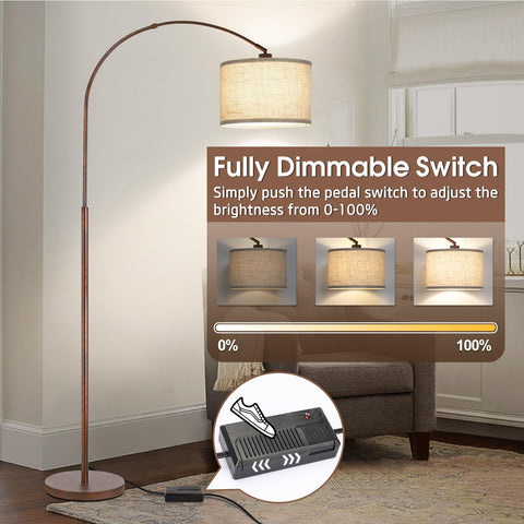 Seaside village dimmable arc floor lamp drum shade softens illumination for cozy evenings.