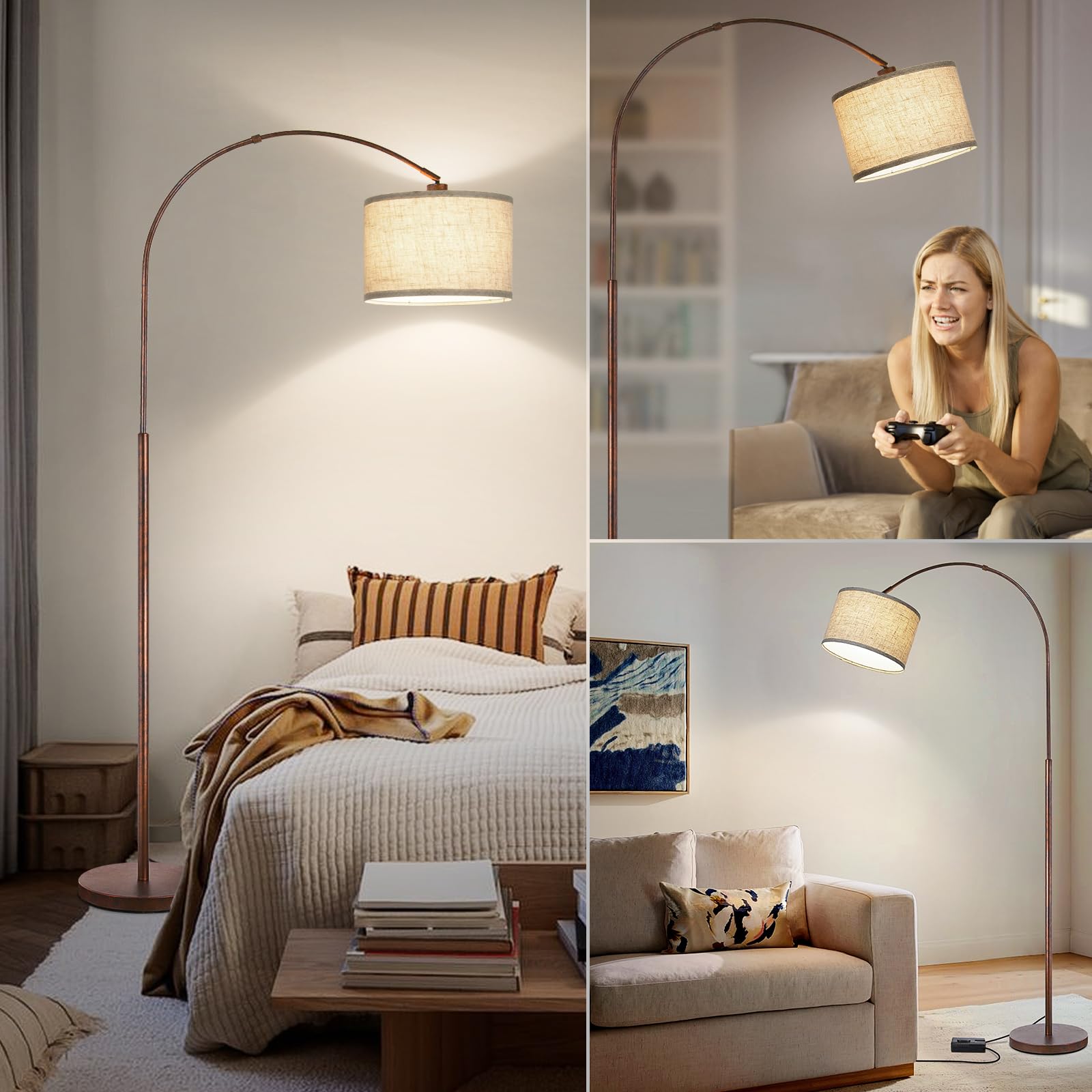 Seaside village dimmable arc floor lamp in living room over couch enhances ambiance.