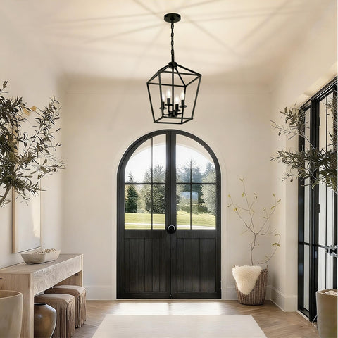 Seaside Village dining room chandelier in black enhances dining spaces.