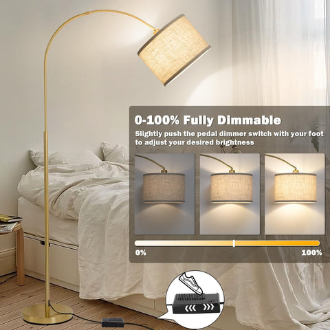 Seaside Village Gold Arc Floor Lamp foot dimmer offers customizable brightness.