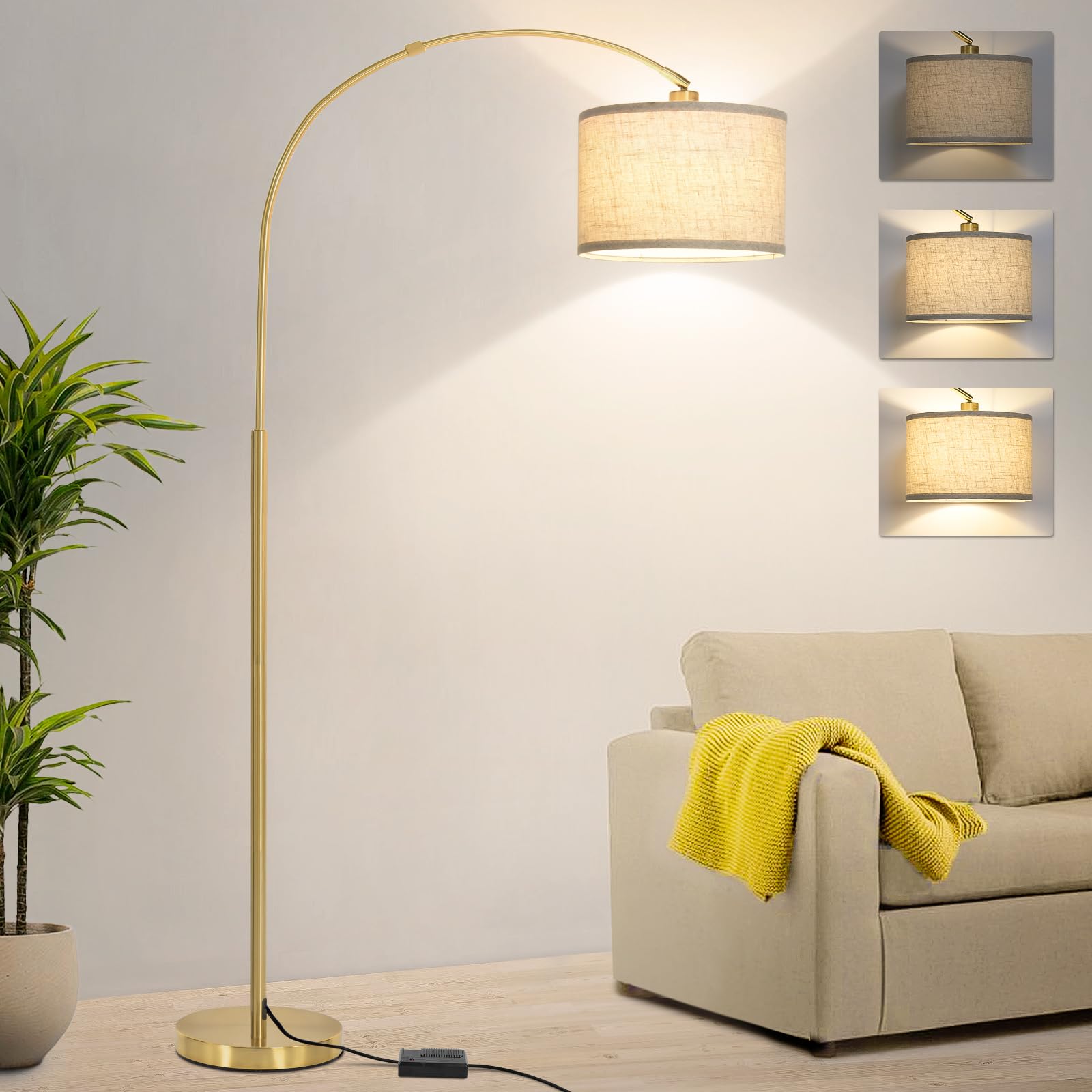 Seaside Village Gold Arc Floor Lamp arch over sofa for ambient lighting.