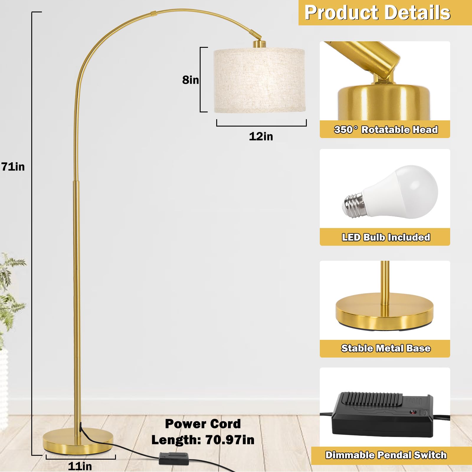 Seaside Village Gold Arc Floor Lamp adjustable head enables precise task lighting.