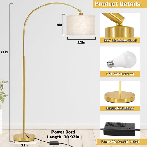 Seaside Village Gold Arc Floor Lamp adjustable head enables precise task lighting.