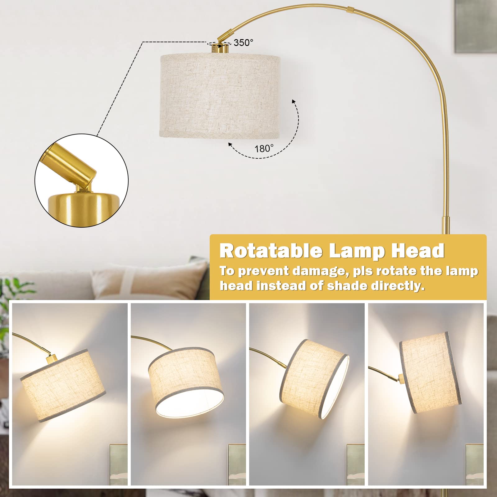 Seaside Village Gold Arc Floor Lamp heavy base prevents tipping and wobble.
