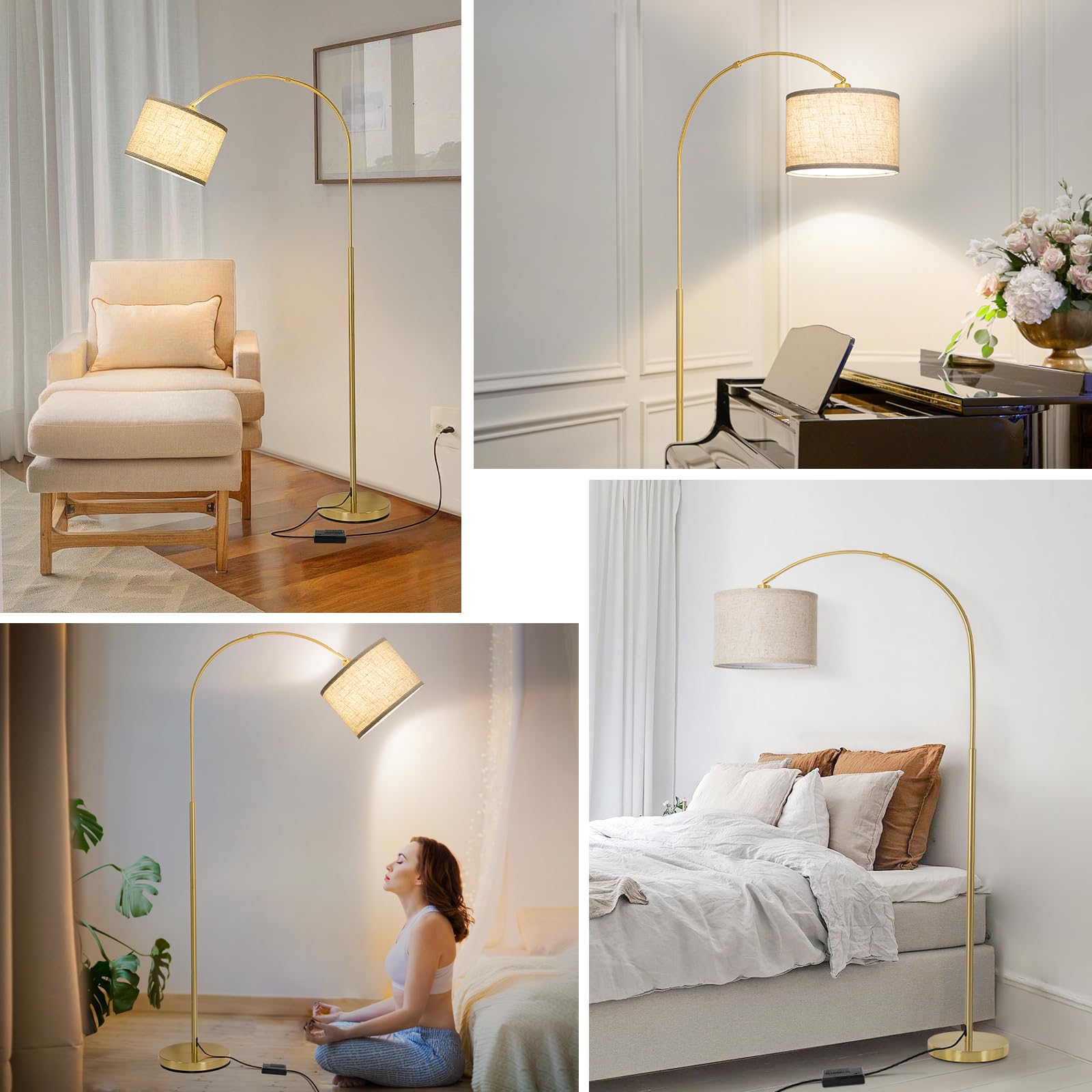 Seaside Village Gold Arc Floor Lamp beige shade blends with modern decor.