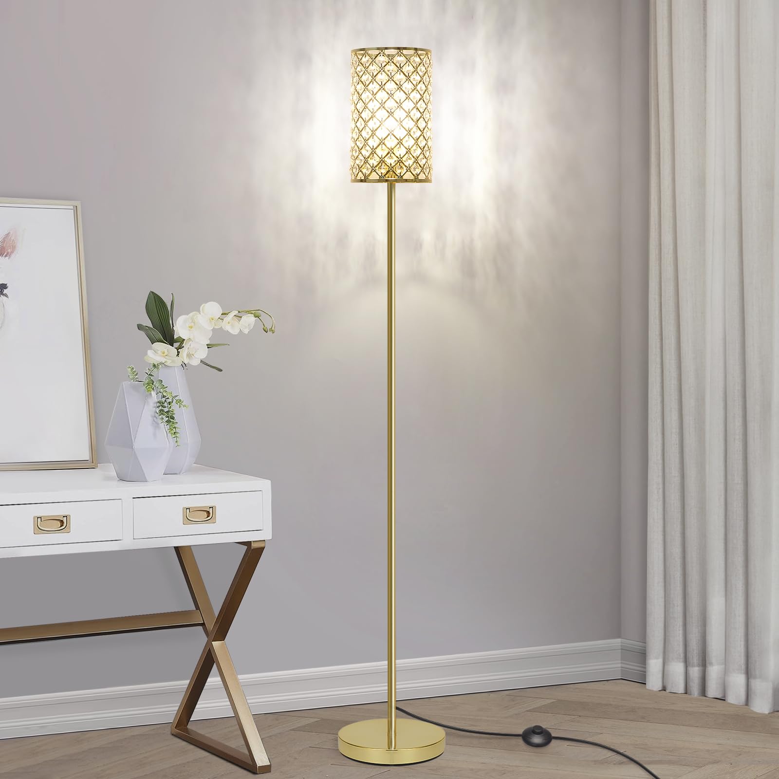 Seaside Village gold crystal floor lamp with decorative shade enhances upscale spaces.