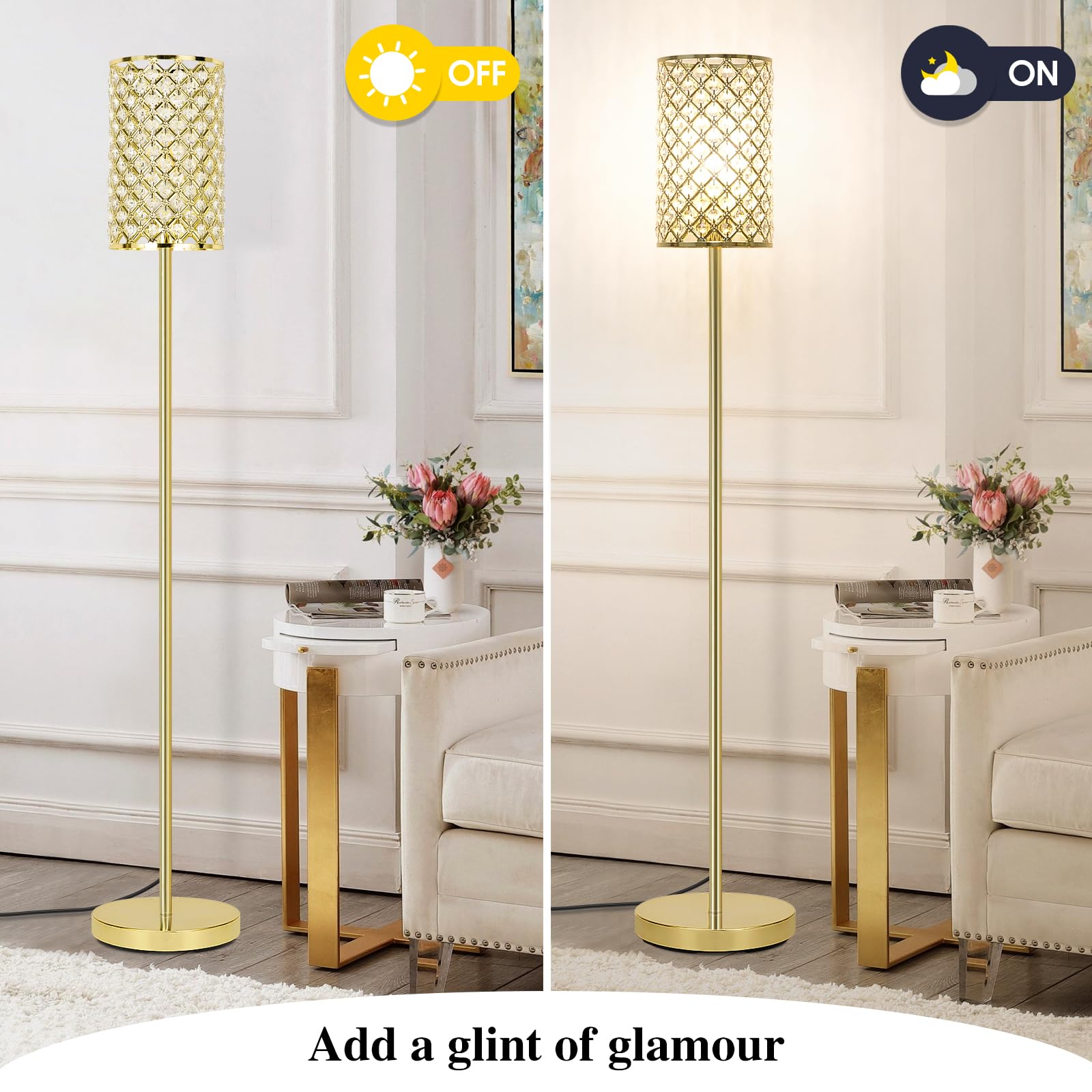 Seaside Village gold floor lamp features a crystal base for elegant reflection.