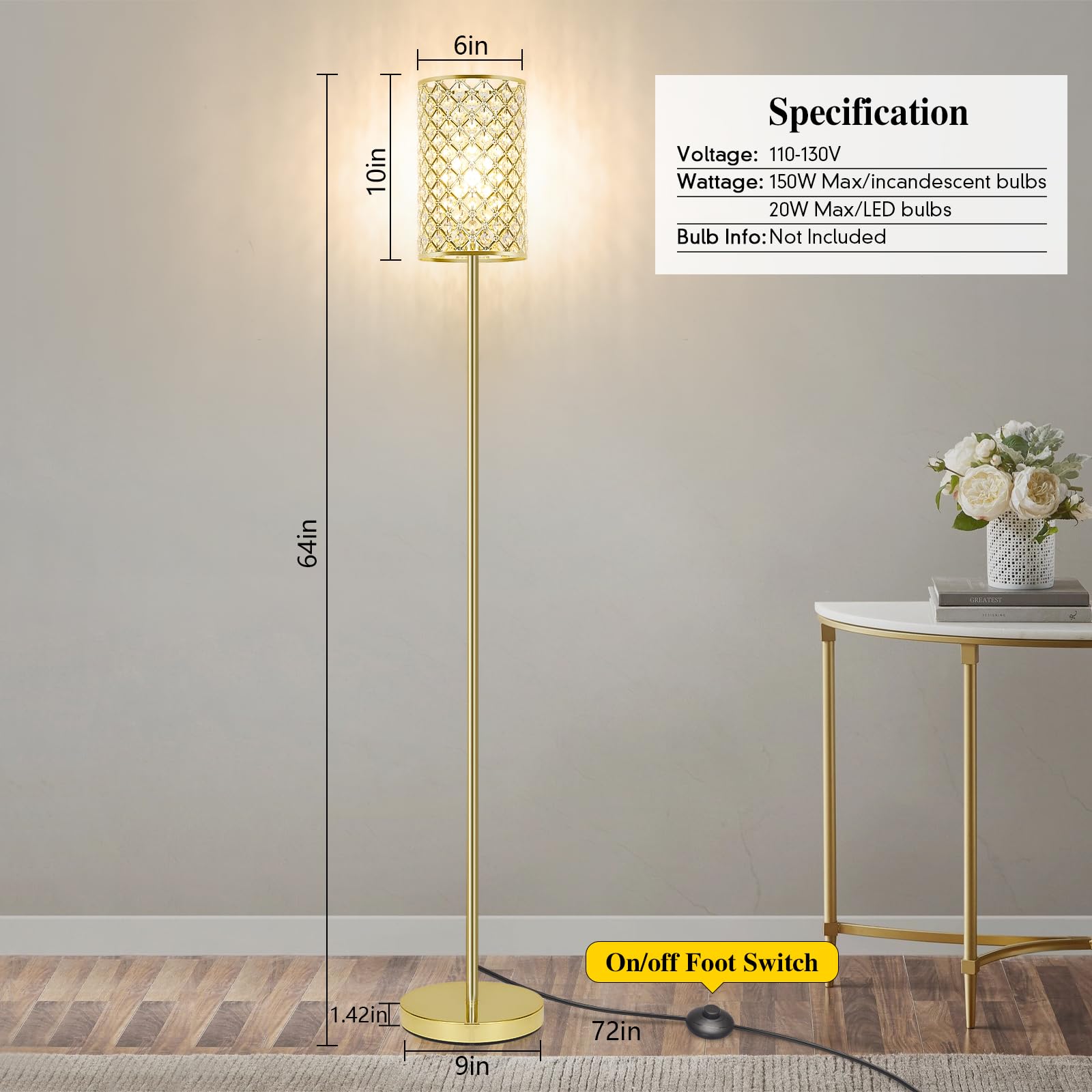 Seaside Village gold floor lamp with pedal switch enables hands-free control.