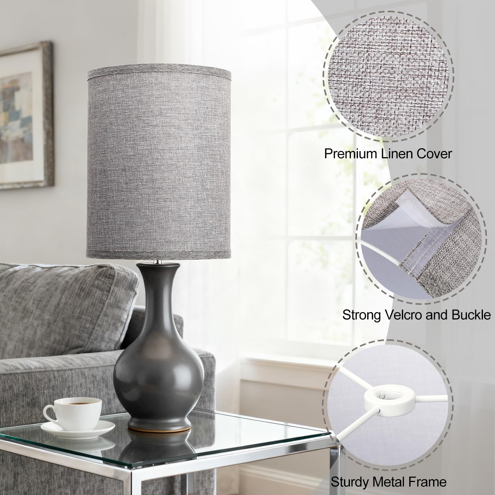 Seaside Village gray drum lampshade spider-fitter assembly for quick setup