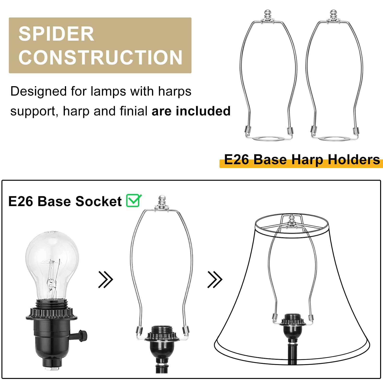 Seaside Village spider construction lampshade resting securely on harp.