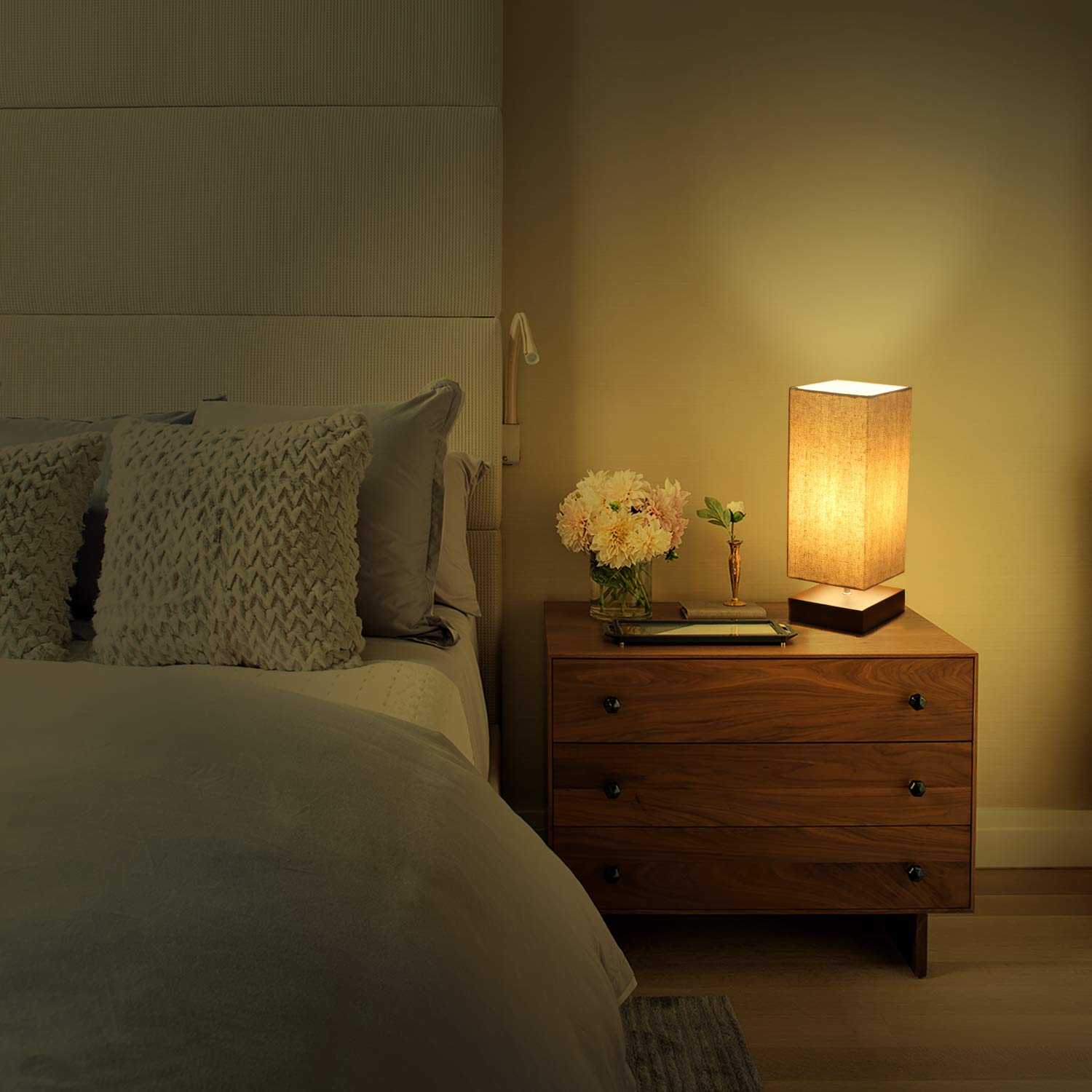 Seaside Village Modern nightstand setup featuring brown base and beige shade