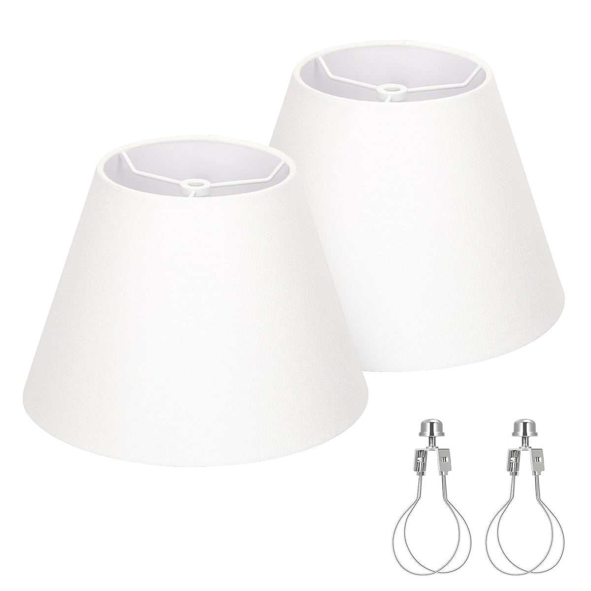 Seaside Village small white fabric lampshades on a compact table lamp for a soft glow.