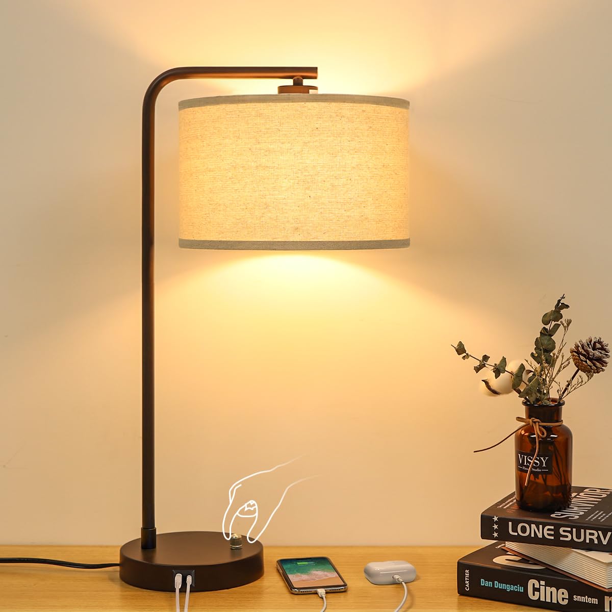 Seaside Village tall table lamp base with USB ports for convenient bedside charging.