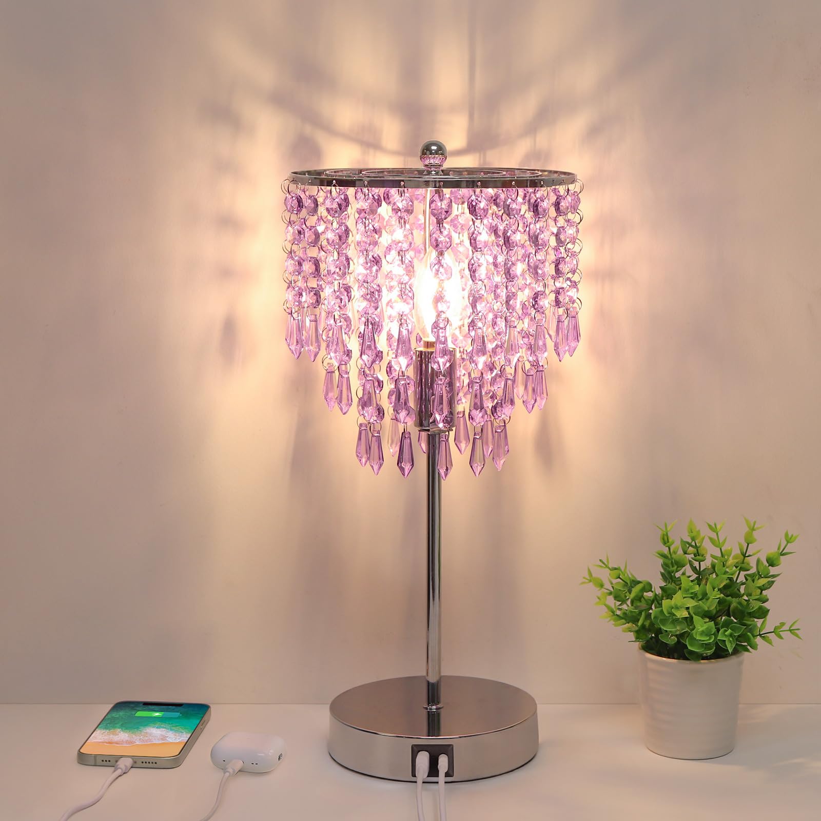 Seaside Village USB bedside crystal lamp with shimmering crystal shade casting romantic wall shadows
