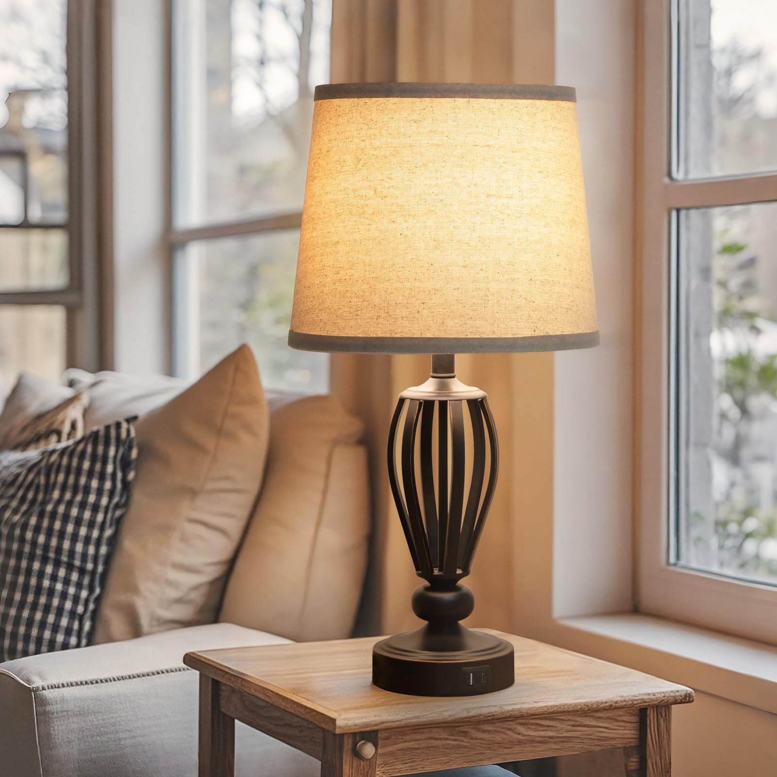 Seaside Village USB Bedside Lamp black metal base adds farmhouse charm