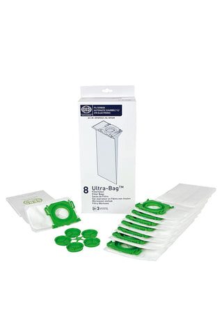 Close-up of genuine Sebo fleece bags showing triple-layer filtration for hygienic disposal