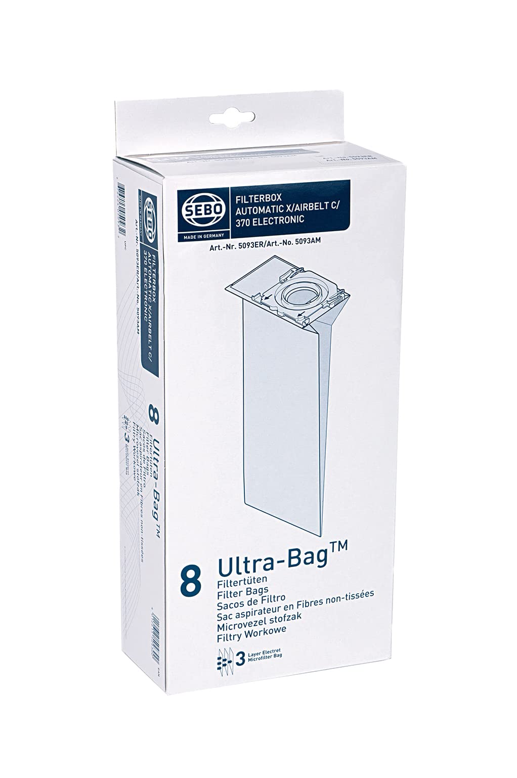 Sebo 5093ER pack of 8 fleece bags compatible with X, C, and 370 series vacuums