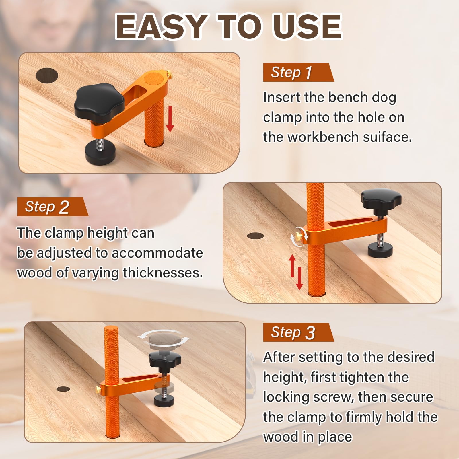Sebupar adjustable-height clamp adapts to different material thicknesses for versatile use.
