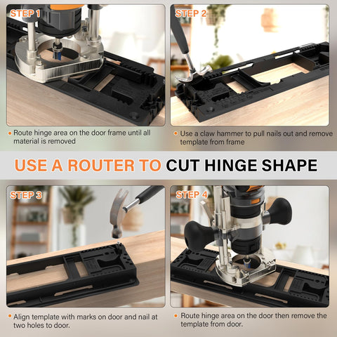 Sebupar template aligns with door frame for precise hinge placement
