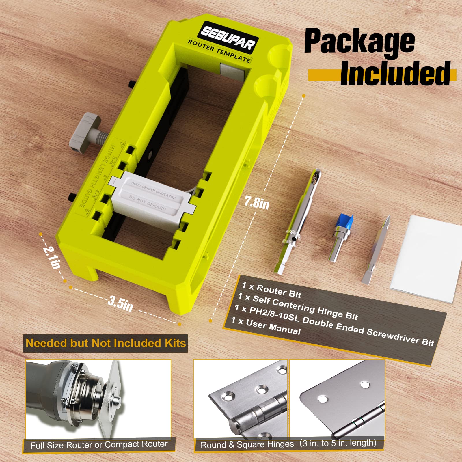 Sebupar hinge mortiser kit fits doors, not jambs, for faster projects.