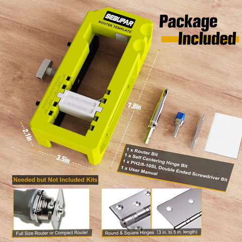 Sebupar hinge mortiser kit fits doors, not jambs, for faster projects.