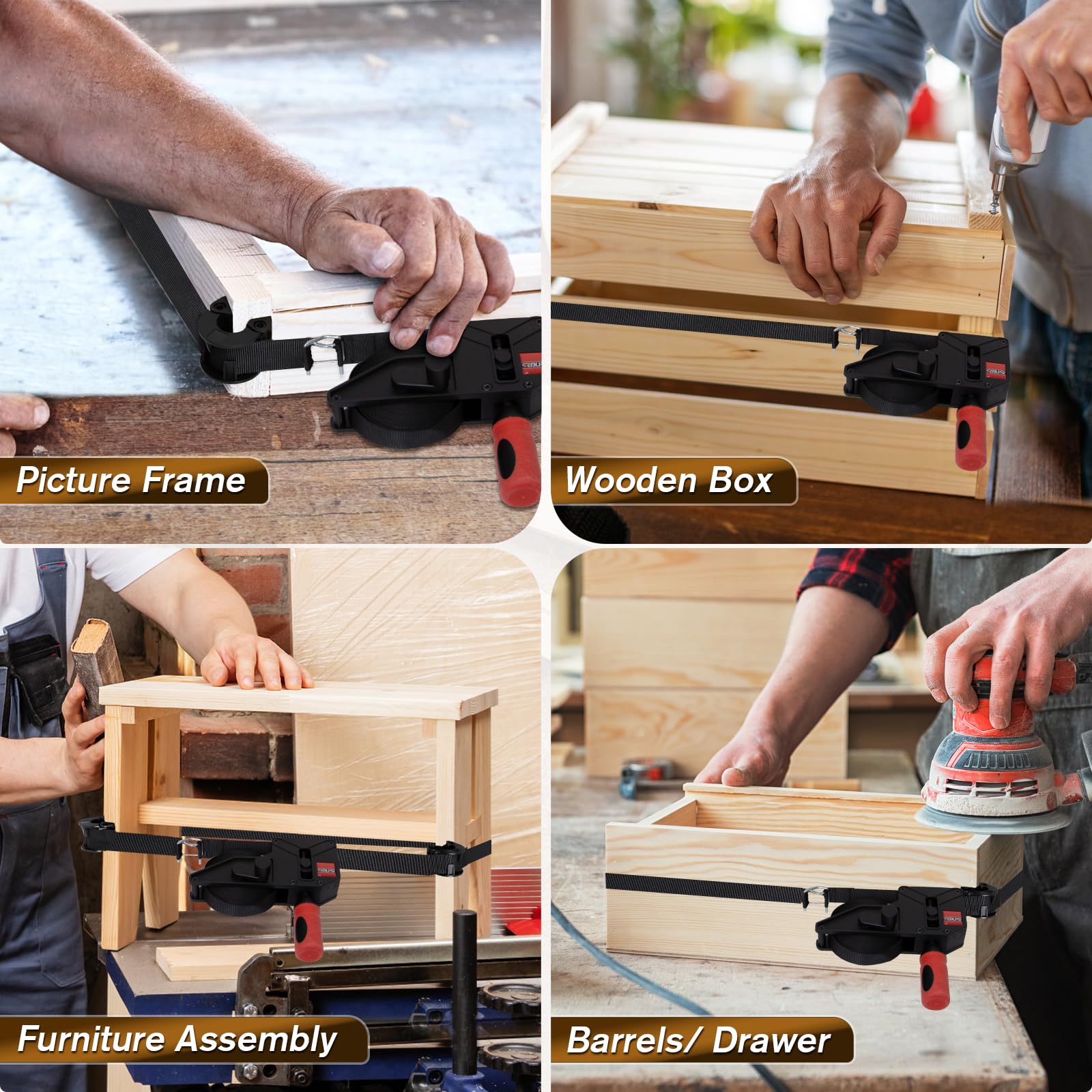 Sebupar wooden barrel clamp holds curved pieces securely during glue-up.