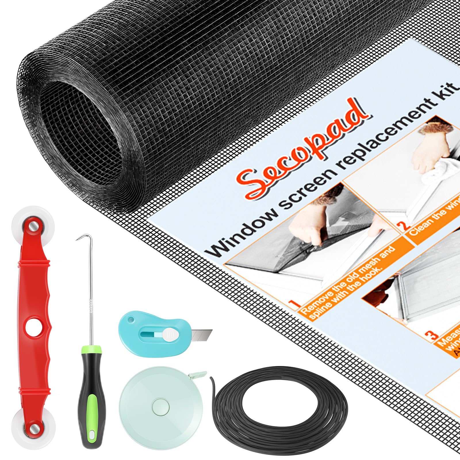 Secopad window screen repair kit, 48in-177in mesh roll for DIY replacements.