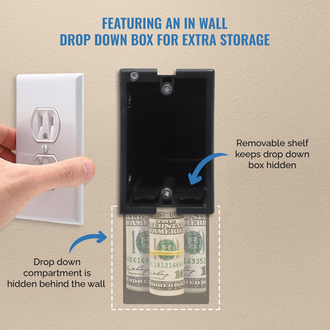 Secret Stash Wall Outlet Safe secret compartment slides down for extra space.