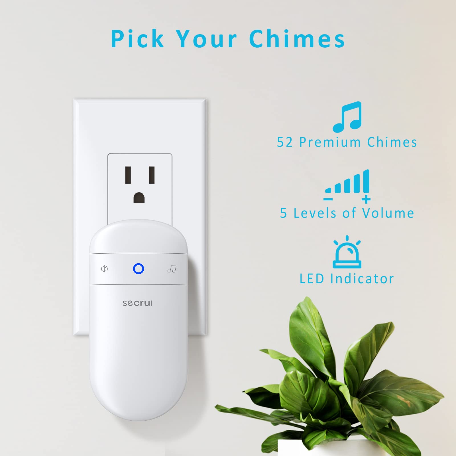 SECRUI door chime LED indicator visible at a low volume setting