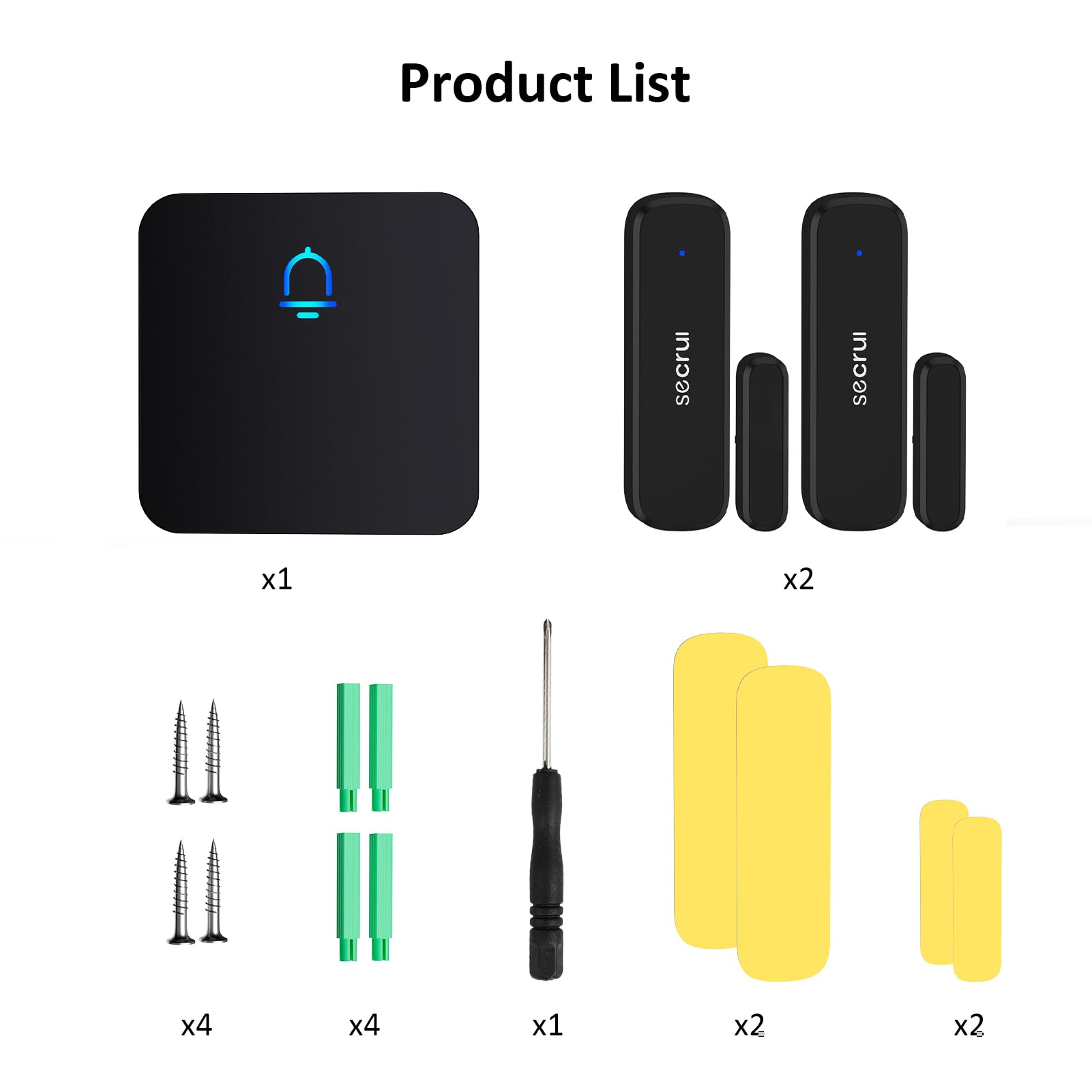 SECRUI Door Chime packaging includes sensors and receiver for quick setup.