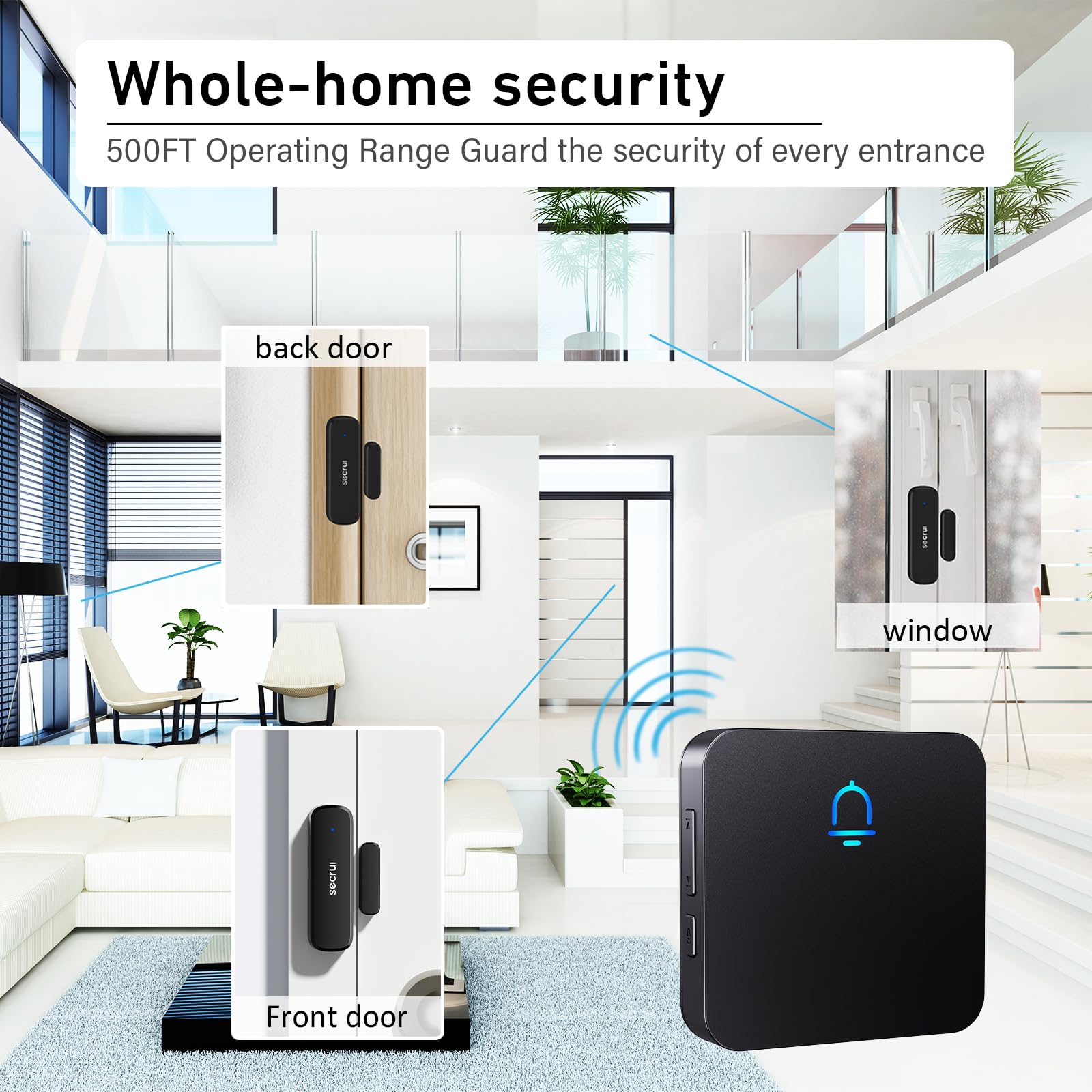SECRUI door sensor with adhesive mounting enables quick, tool-free installation.