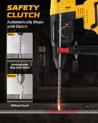 Securitoday 4-in-1 mode switch covers drill, hammer drill, chisel, and angle adjustments.