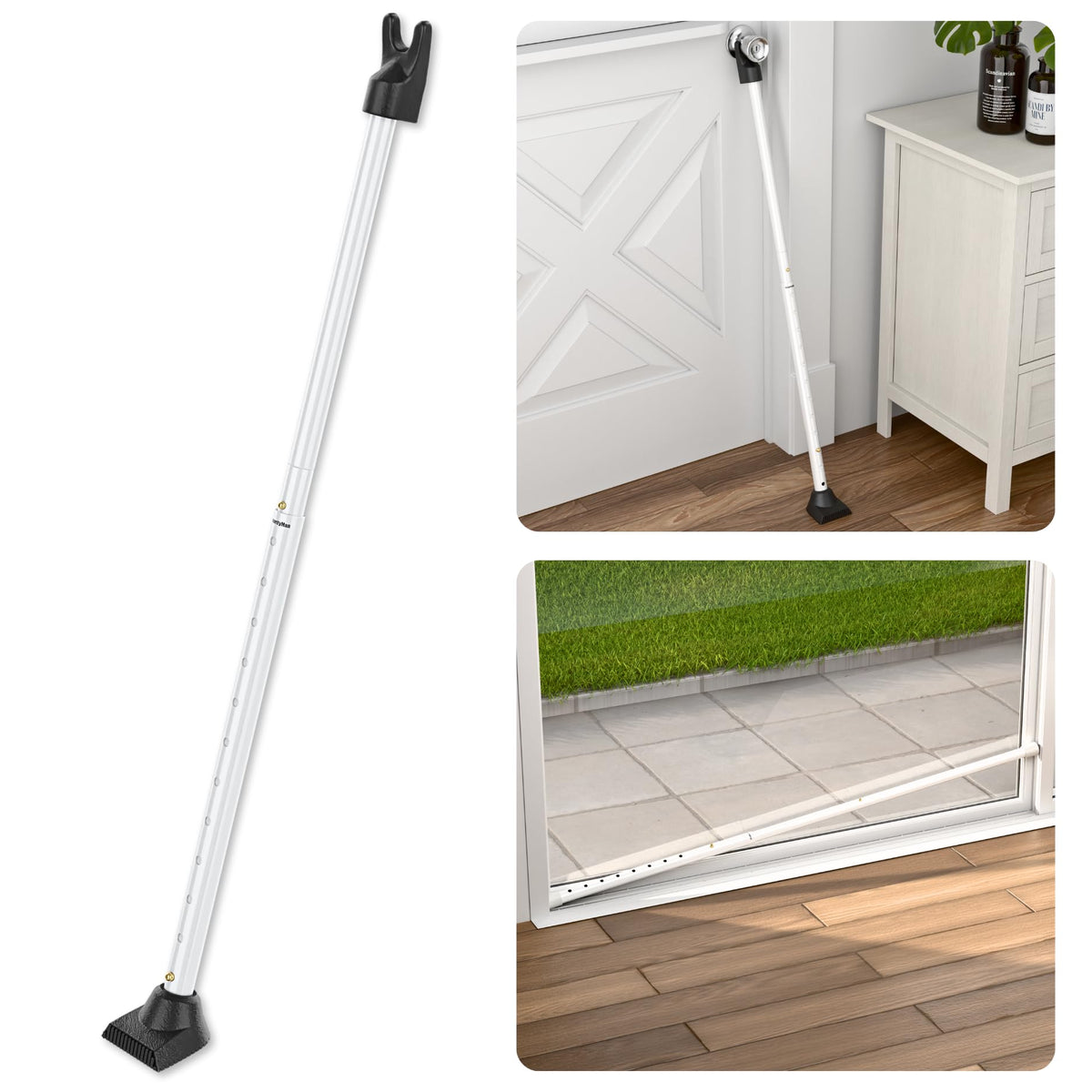 SecurityMan door security bar with angled bottom for solid floor grip.