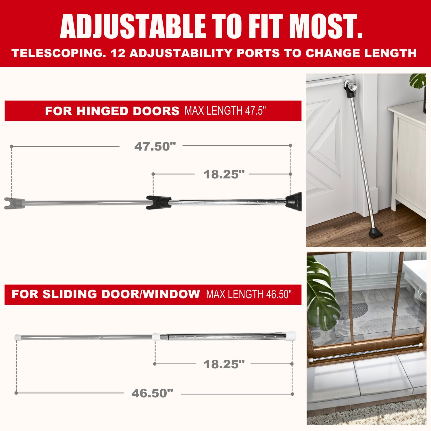 SecurityMan metal door-stopper-bar secured between door knob and frame.