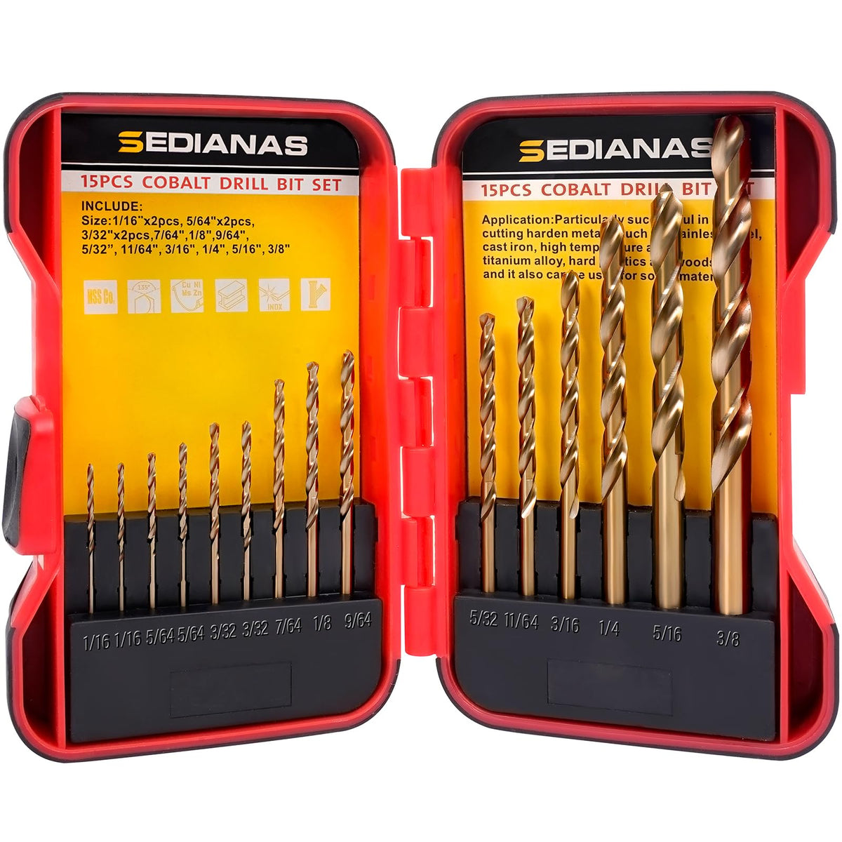 SEDIANAS cobalt drill bit set in case, ideal for hardened metals and stainless steel.