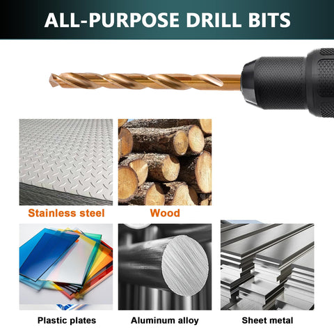 SEDIANAS cobalt drill bits showcased on wood and metal surfaces for versatile drilling.