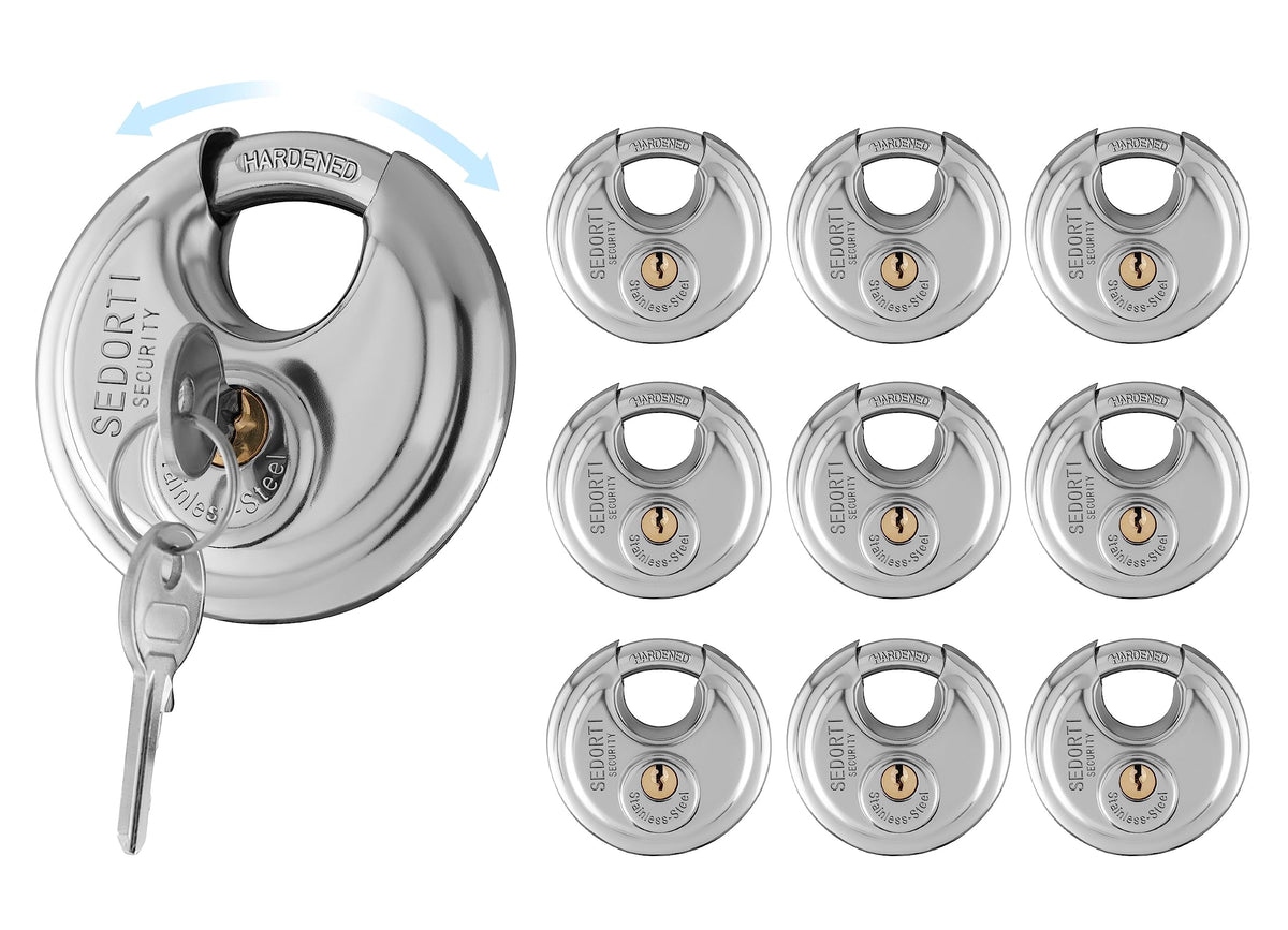 SEDORTI Discus padlock body in brushed stainless steel for outdoor security.