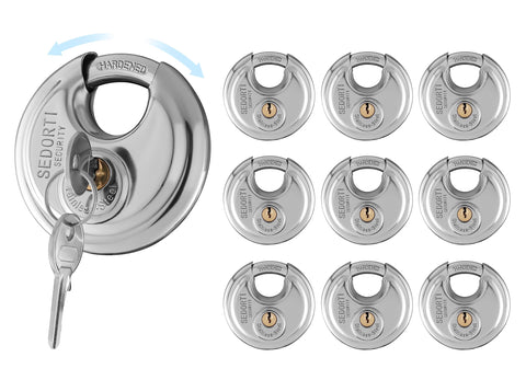 SEDORTI Discus padlock body in brushed stainless steel for outdoor security.