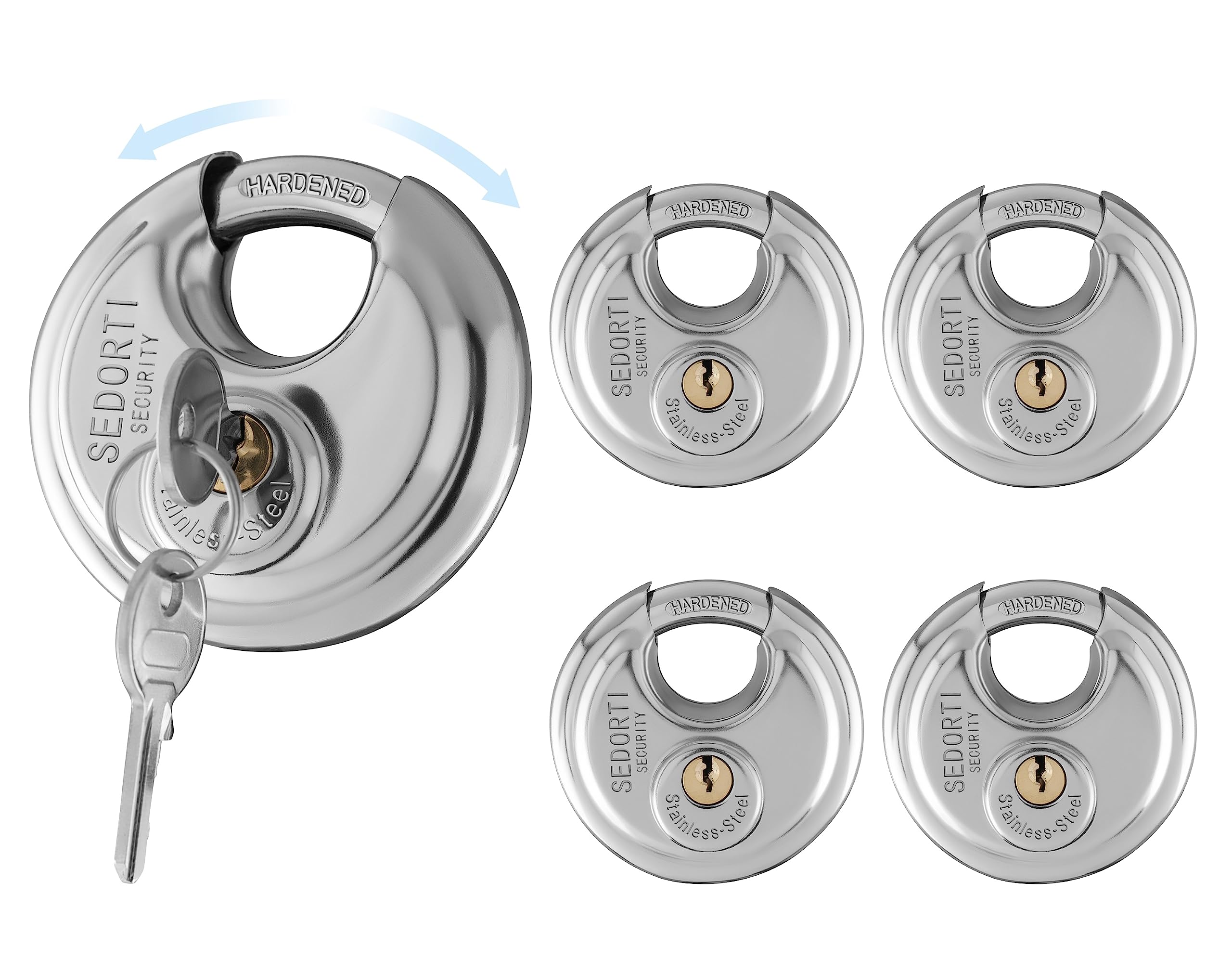 SEDORTI discus padlock front view highlights durable stainless body for outdoor security.