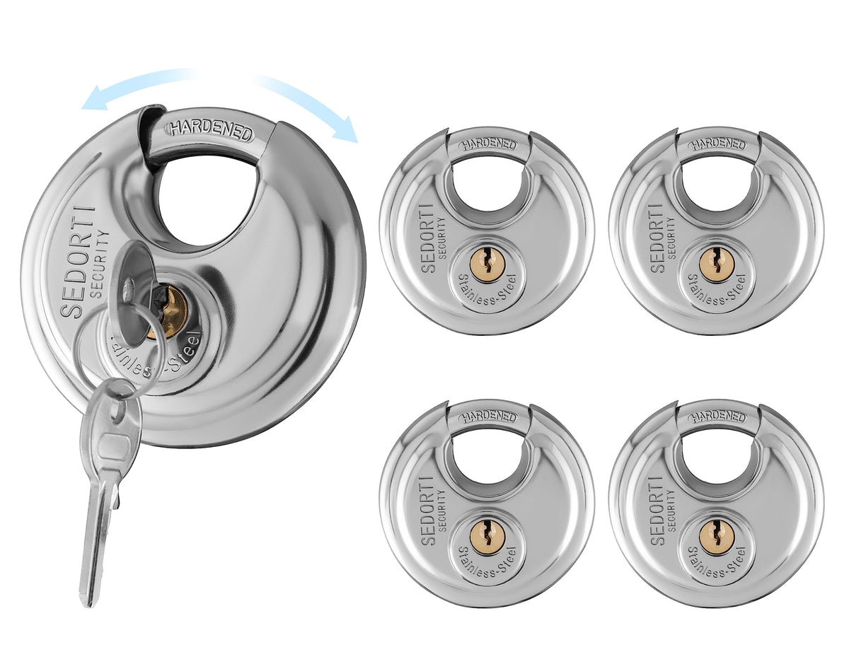 SEDORTI discus padlock front view highlights durable stainless body for outdoor security.