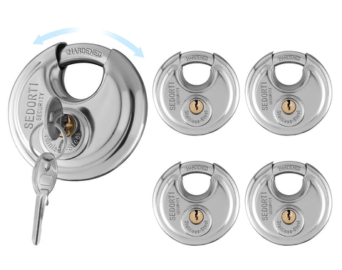 SEDORTI discus padlock front view highlights durable stainless body for outdoor security.