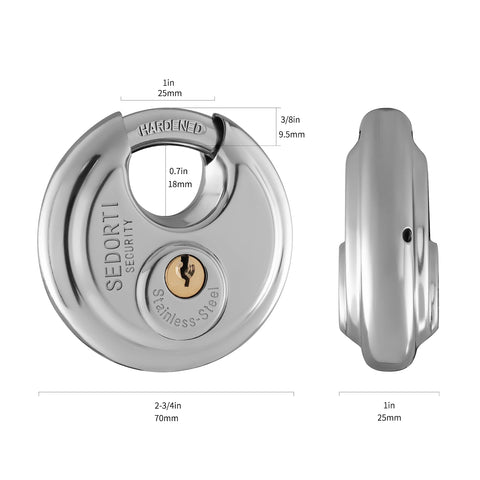 SEDORTI Discus padlock in use on an outdoor gate demonstrating waterproof protection.