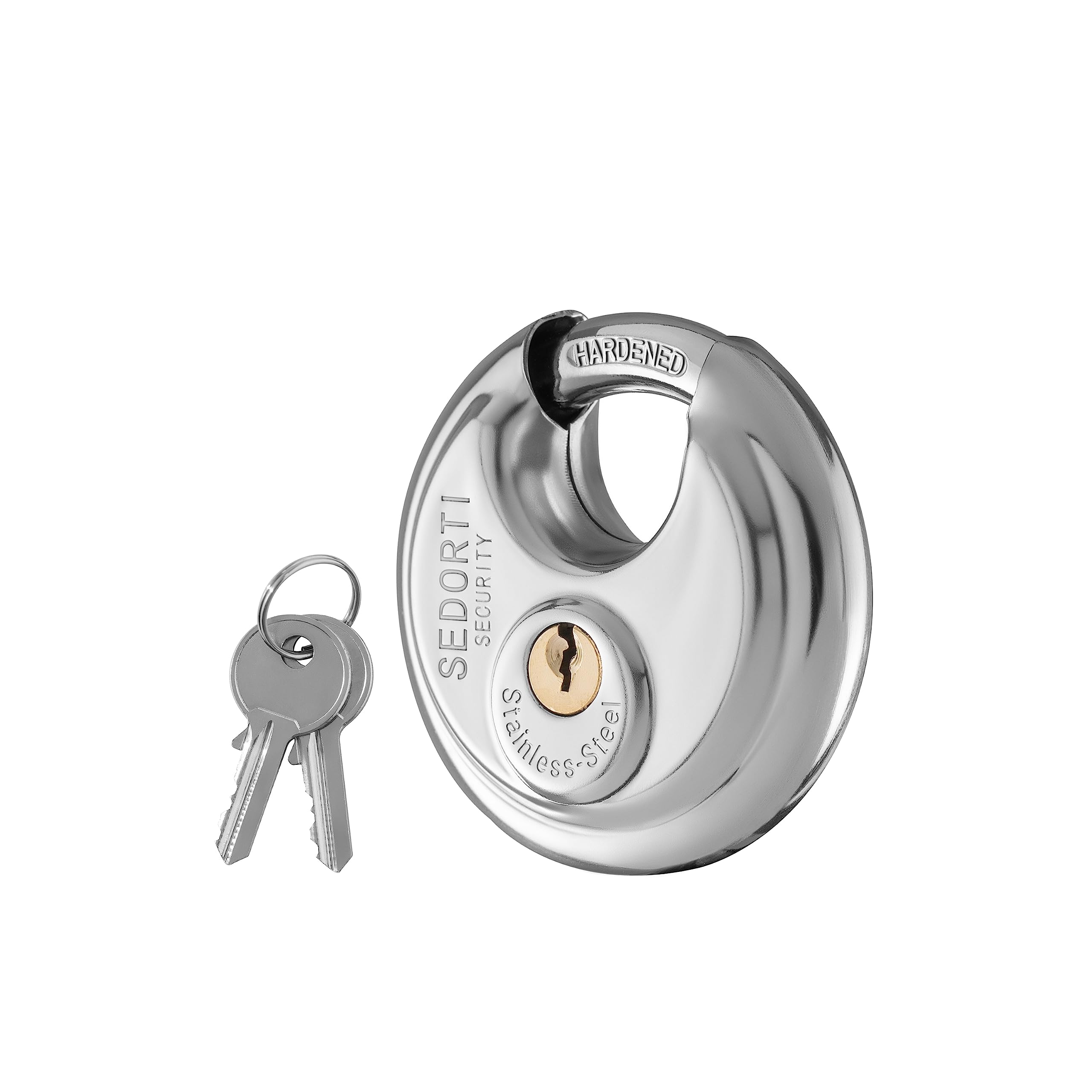 SEDORTI Discus padlock keys set with brass keys for convenient keyed-alike access.